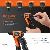 TACKLIFE Rivet Gun Kit with 80 Pcs Rivets, 4 In 1 Hand Riveter, 4 Tool-Free Interchangeable Heads - HHR3A