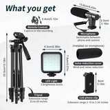 Vlog Shooting Kit for Cellphone, with LED Lights, Selfie stick Tripod, Light and phone clip, Microphone.