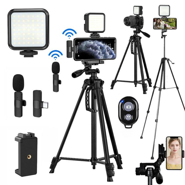 Portable Vlog Video Shooting Kit, 56 Inches Canara and Phone Tripod set, Video record tool kit, Led Lights, Wireless Microphone, Phone Clip, Selfie Control.