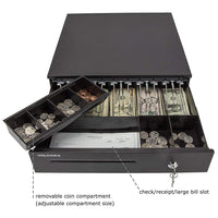 Cash Register Drawer for Point of Sale (POS) System with Removable Coin Tray, 5 Bill/6 Coin, 24V, RJ11/RJ12 Key-Lock, Media Slot, Black