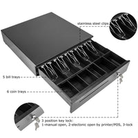 Cash Register Drawer for Point of Sale (POS) System with Removable Coin Tray, 5 Bill/6 Coin, 24V, RJ11/RJ12 Key-Lock, Media Slot, Black