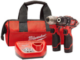 Milwaukee 2494-22 M12 Cordless Combination 3/8" Drill / Driver and 1/4" Hex Impact Driver Dual Power Tool ,Tools Only (Factory Reconditioned)