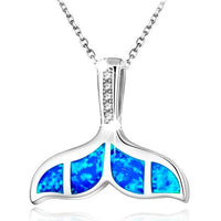 Silver Synthetic Opal Ocean Sea Mermaid Whale Tail Pendant Necklace