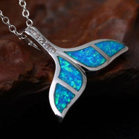 Silver Synthetic Opal Ocean Sea Mermaid Whale Tail Pendant Necklace