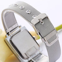 Men Women Fashion Rectangle Dial Stainless Steel Net Strap Quartz Wrist Watch