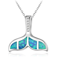 Silver Synthetic Opal Ocean Sea Mermaid Whale Tail Pendant Necklace