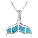 Silver Synthetic Opal Ocean Sea Mermaid Whale Tail Pendant Necklace