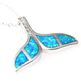 Silver Synthetic Opal Ocean Sea Mermaid Whale Tail Pendant Necklace